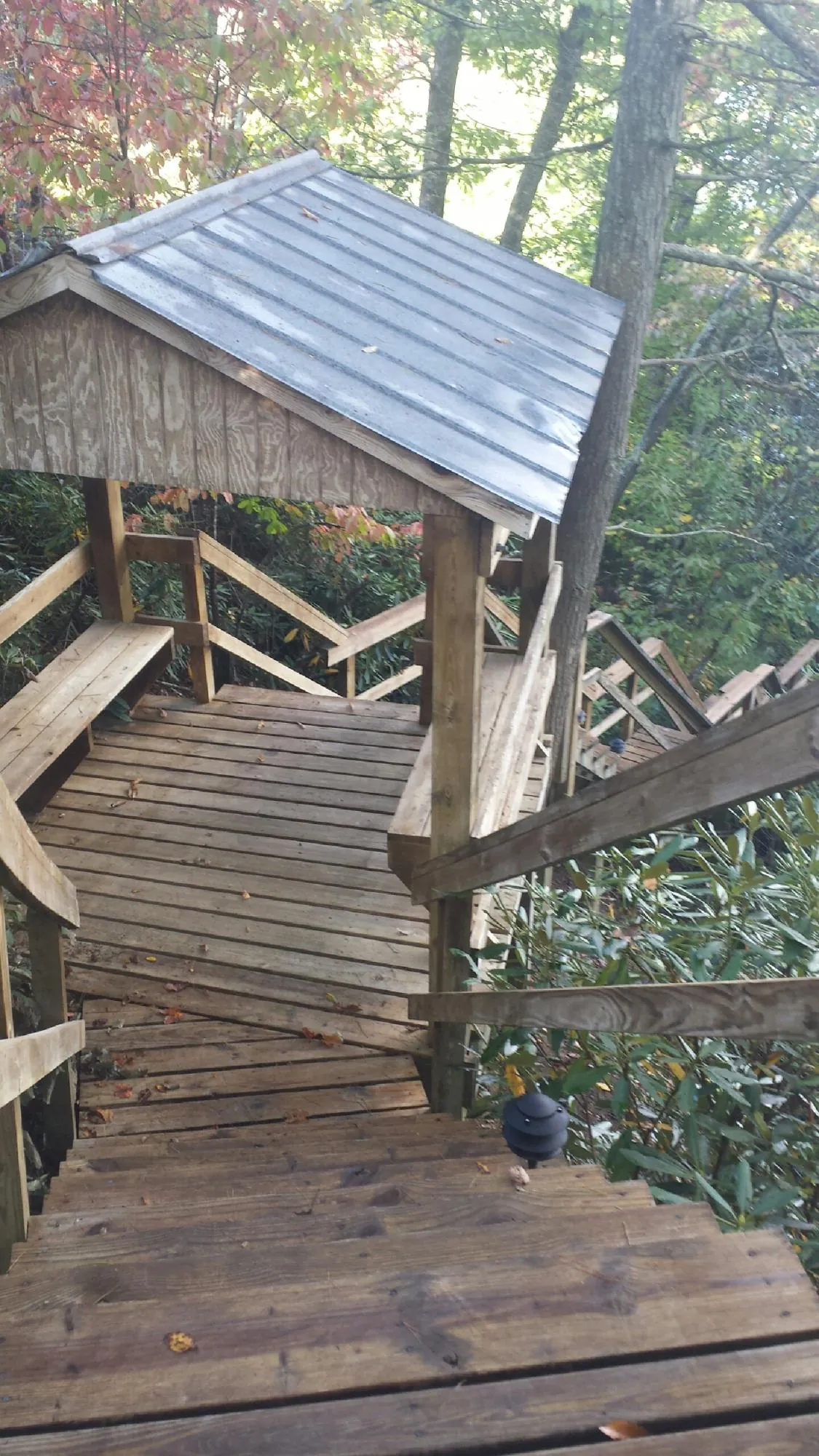 Metal roofed shelter over wooden steps on a wooded walkway — Skylight Repair & Installation work by our crew in Dresden